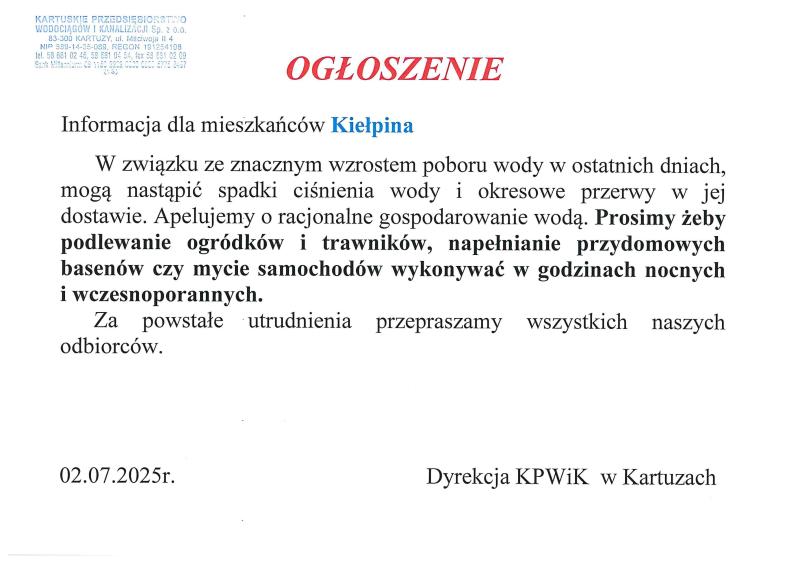 Kiełpino podlewanie ogrodów