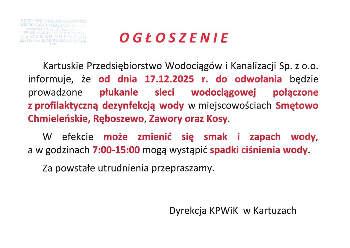 Płukanie sieci Smętowo, Ręboszewo, Zawory i Kosy