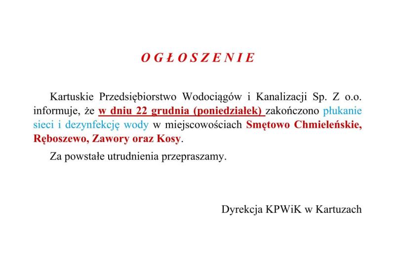 Koniec płukania sieci Smętowo, Ręboszewo...