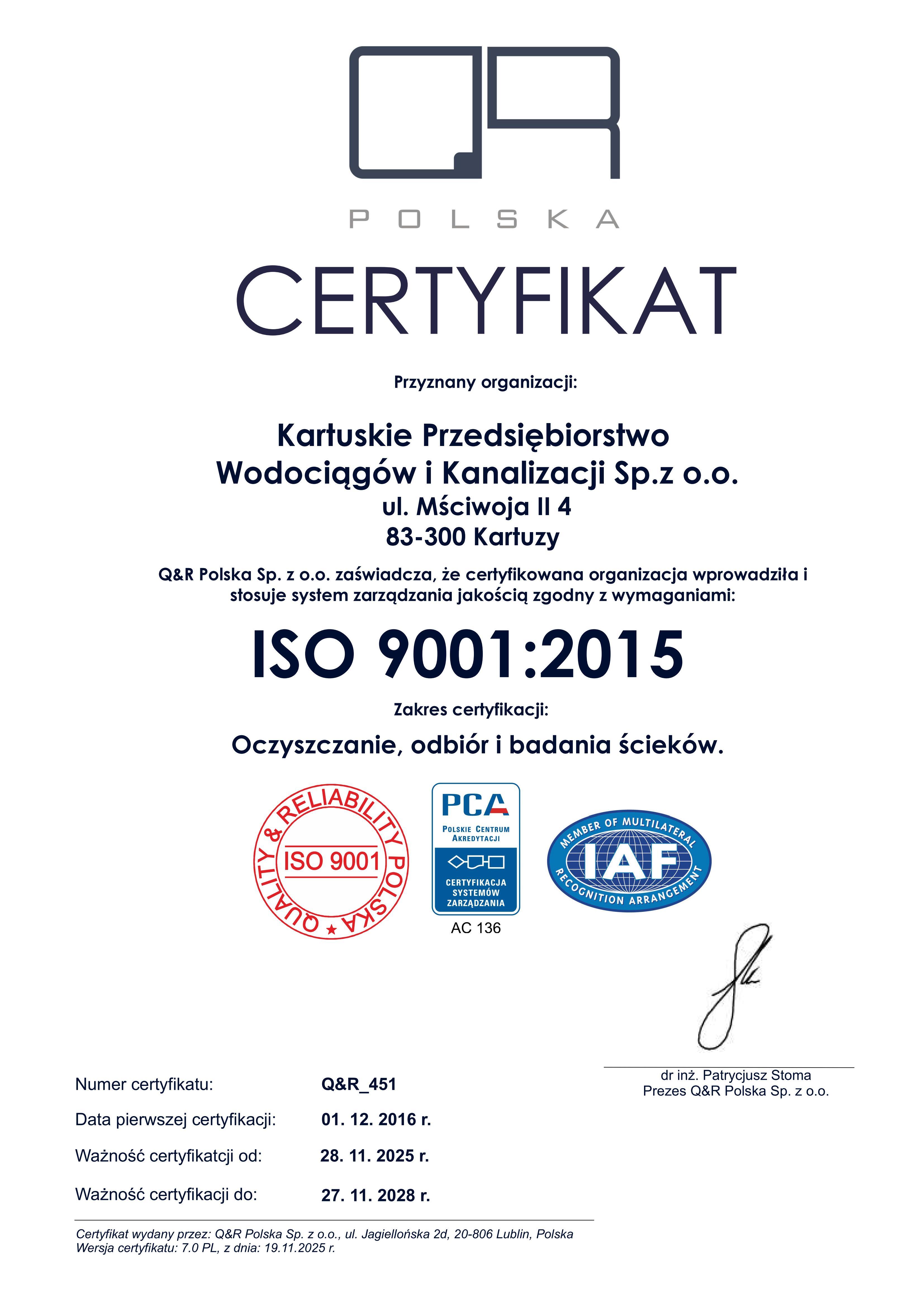 Certyfikat ISO 9001:2015
